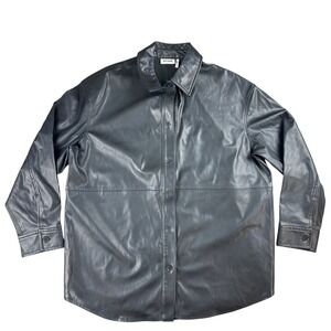 Weekday Lexi Shirt Women Large Black Faux Leather Button Down Overshirt Collared